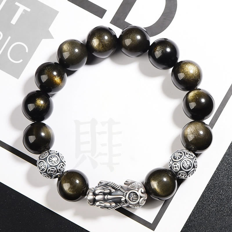 KarmaRipple's 925 Sterling Silver Authentic Gold Sheen Obsidian PiXiu Wealth Protection Bracelet p13