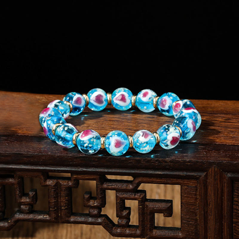 KarmaRipple's Gold Swallowing Beast Family Pink Love Heart Luminous Fluorescent Liuli Glass Bead Bracelet p4