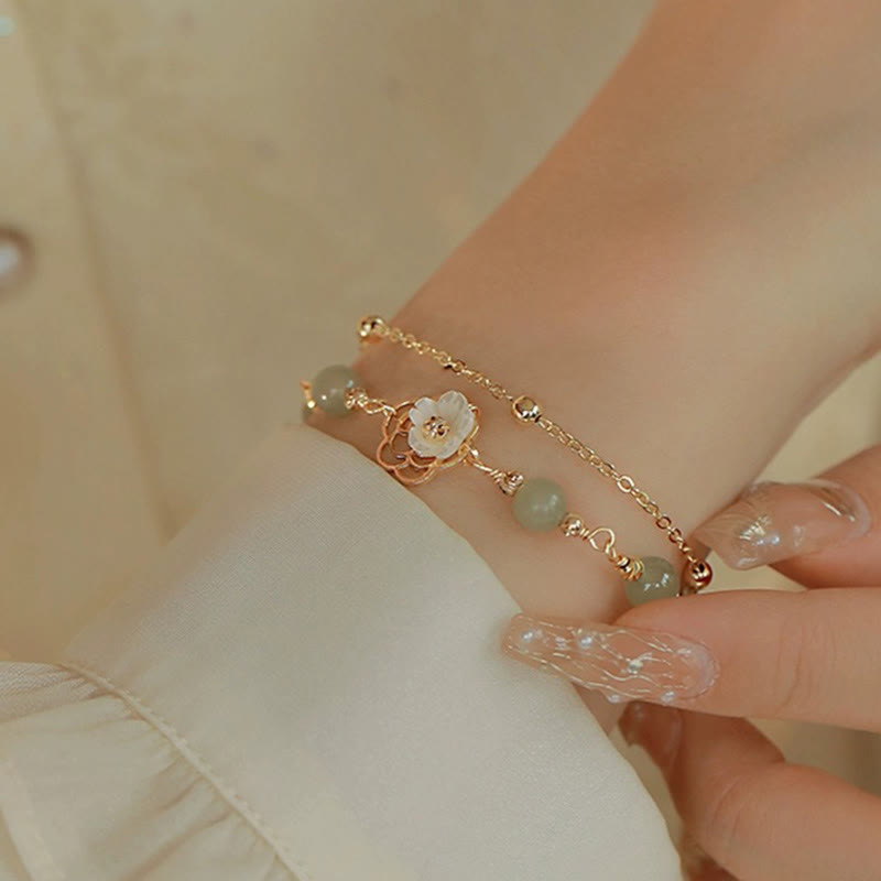 KarmaRipple's 14K Gold Plated Jade Butterfly Tridacna Stone Flower Double Layer Fortune Bracelet p15