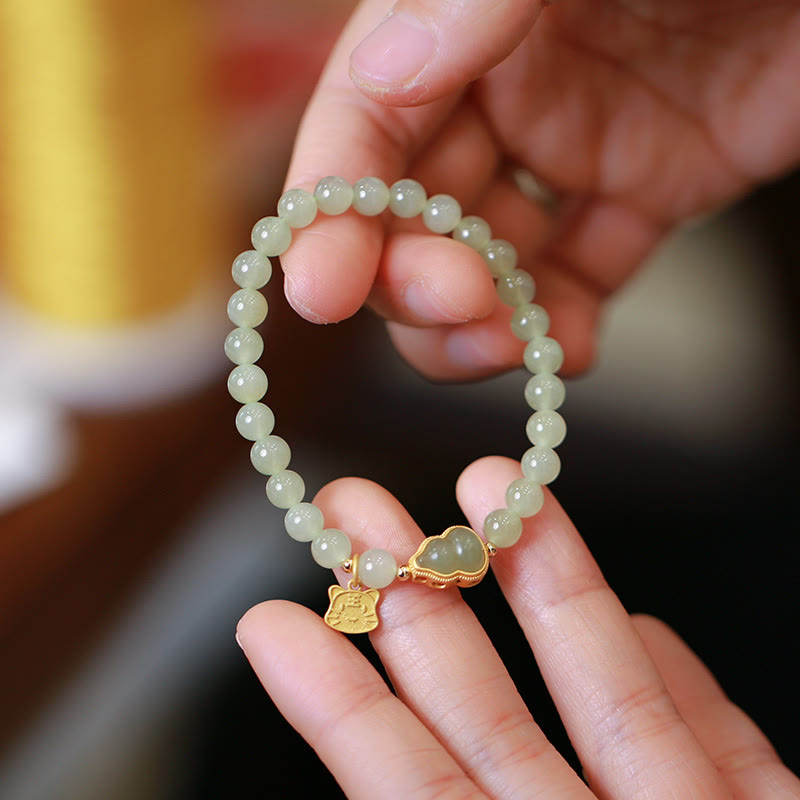 KarmaRipple's 925 Sterling Silver Plated Gold Authentic Hetian Jade Bead Gourd Lotus Bamboo Fu Character Fortune Bracelet p23