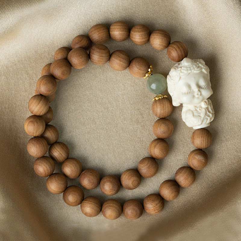 KarmaRipple's Sandalwood Hetian Jade Ivory Fruit Green Tara Protection Bracelet p2