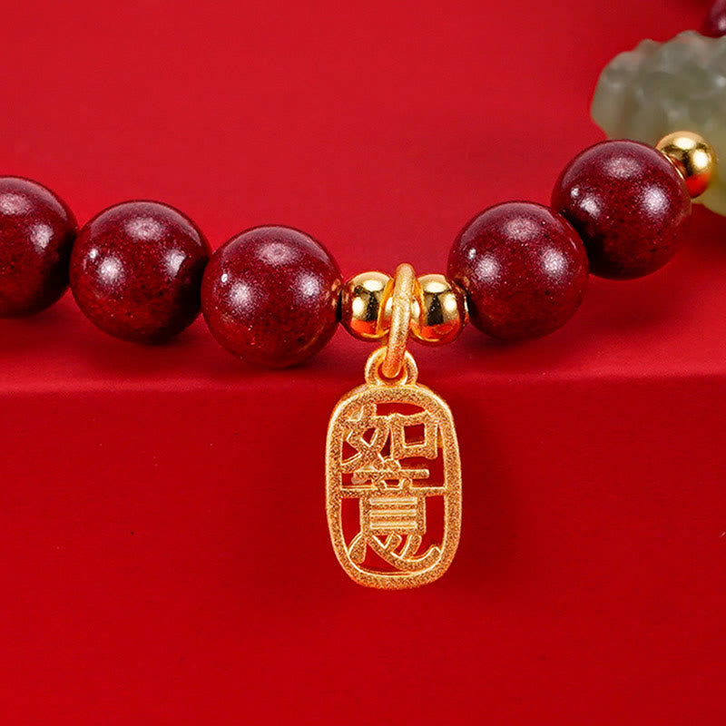 KarmaRipple's 925 Sterling Silver Year of the Dragon Authentic Cinnabar Hetian Jade Dragon Fu Character Ruyi As one'shes Talisman Blessing Bracelet ( p17