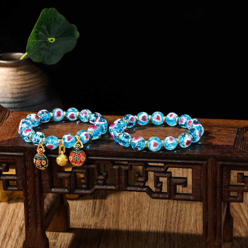 KarmaRipple's Gold Swallowing Beast Family Pink Love Heart Luminous Fluorescent Liuli Glass Bead Bracelet p16