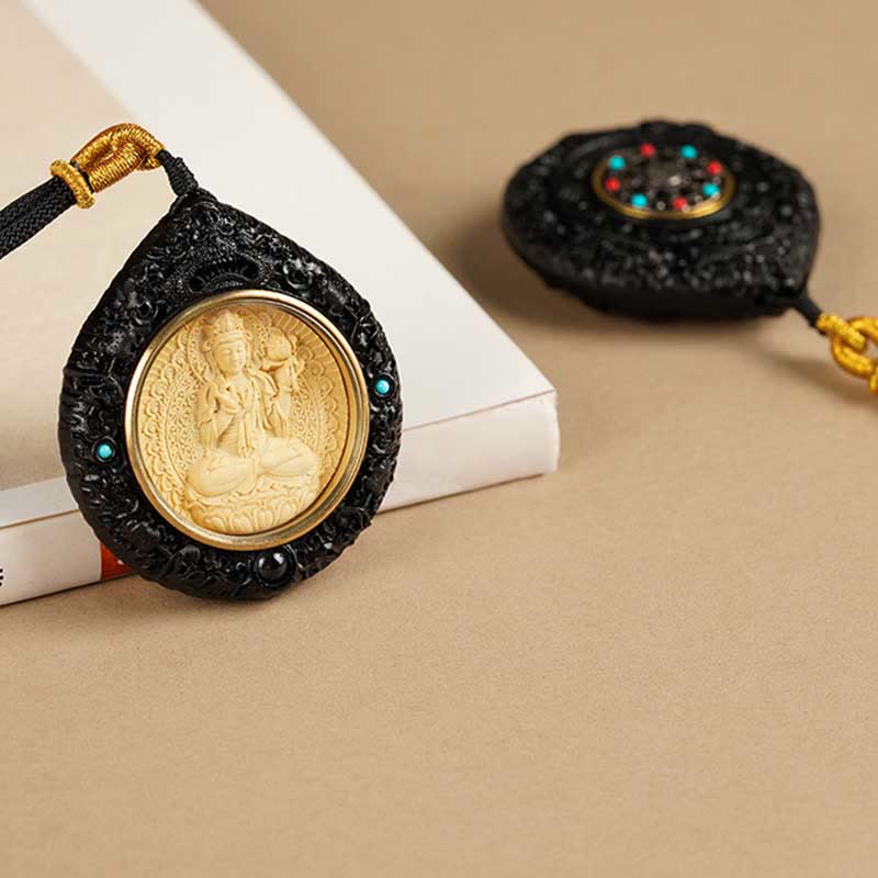 KarmaRipple's Chinese Zodiac Avalokitesvara Small Leaf Red Sandalwood Ebony Longevity Pendant Necklace p25