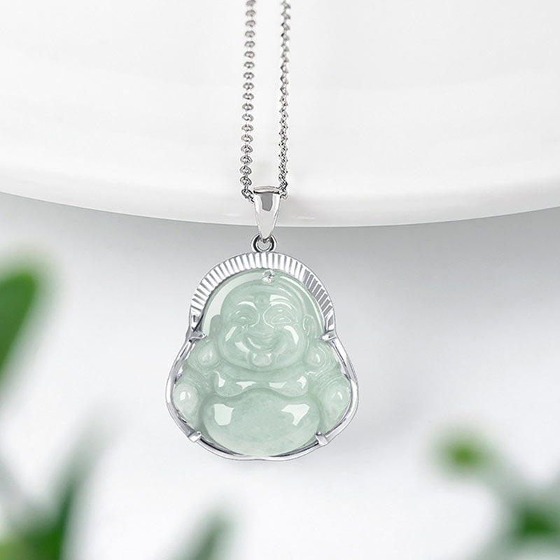KarmaRipple's 925 Sterling Silver Laughing Buddha Jade Fortune Calm Pendant Chain Necklace p2