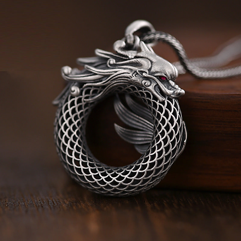 KarmaRipple's 999 Sterling Silver Year Of The Dragon Auspicious Peace Buckle Carved Success Pendant Necklace ( p11