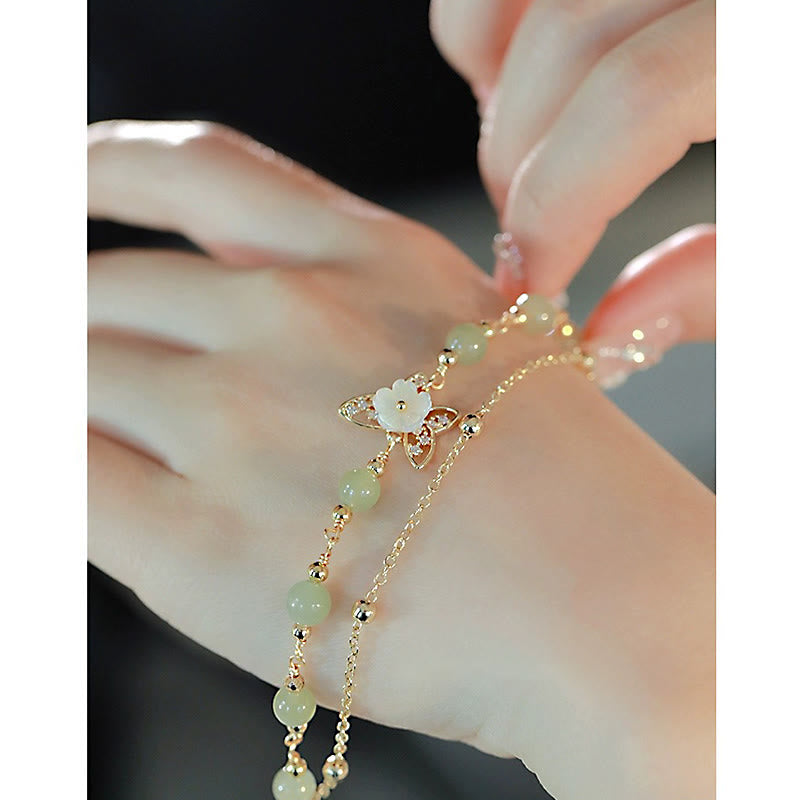 KarmaRipple's 14K Gold Plated Jade Butterfly Tridacna Stone Flower Double Layer Fortune Bracelet p9