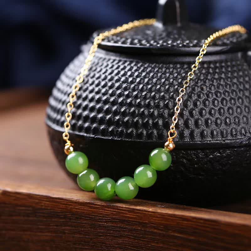 KarmaRipple's 14k Gold Plated Hetian Cyan Jade Beaded Fortune Pendant Necklace p1