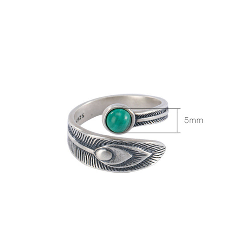 KarmaRipple's 925 Sterling Silver Malachite Bead Feather Protection Ring p9