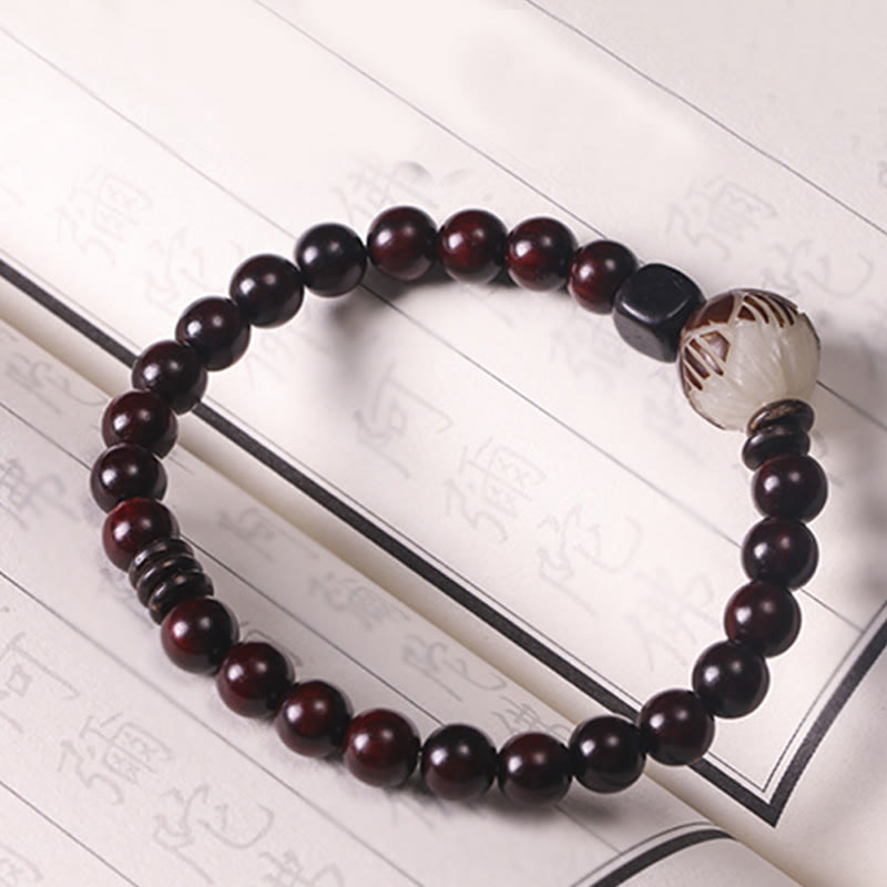 KarmaRipple's Small Leaf Red Sandalwood Lotus Bodhi Seed Carved Protection Double Wrap Bracelet p8
