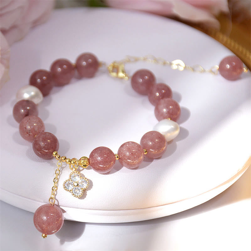 KarmaRipple's Authentic Strawberry Quartz Pearl Four Leaf Clover Love Bracelet p1