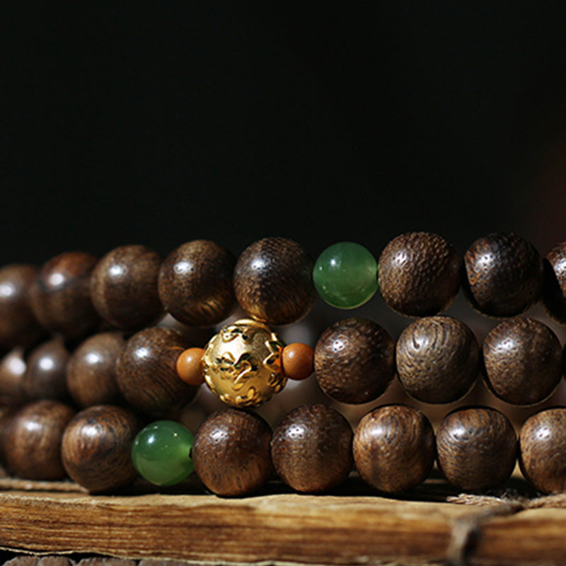 KarmaRipple's 999 Gold 108 Mala Beadwork Kalimantan Agarwood Cyan Jade Six True Words Strength Bracelet p11