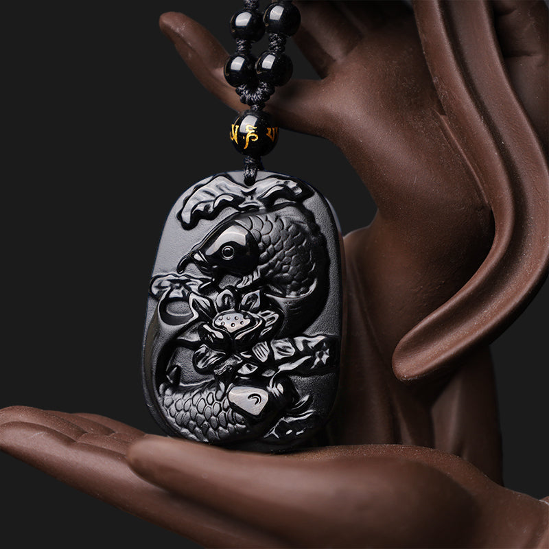 KarmaRipple's Authentic Black Obsidian Koi Fish Lotus Strength Beaded Pendant Necklace p4