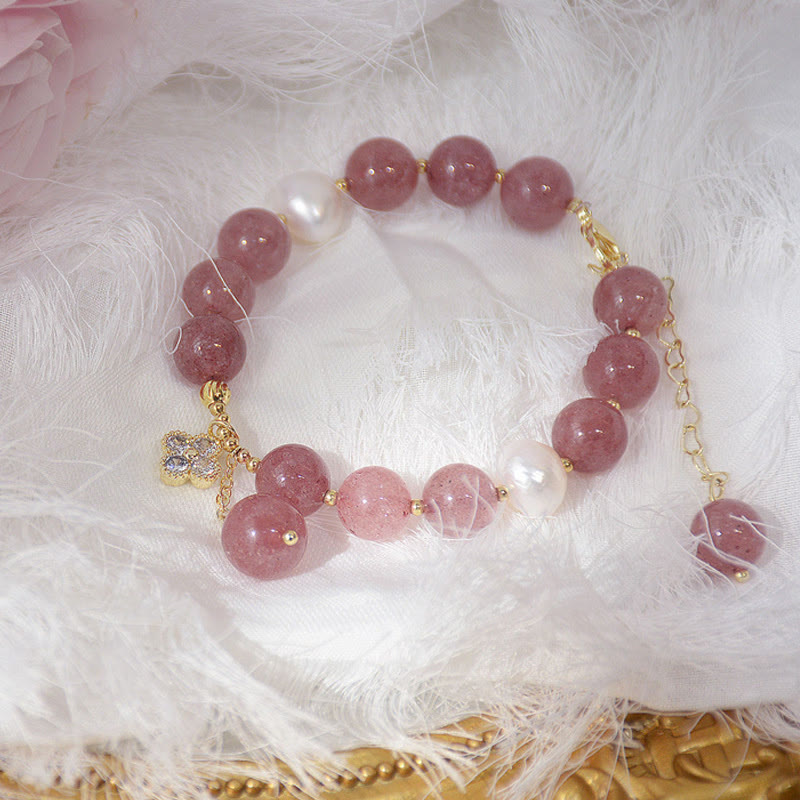 KarmaRipple's Authentic Strawberry Quartz Pearl Four Leaf Clover Love Bracelet p2