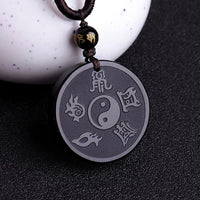 KarmaRipples authentischer schwarzer Obsidian-Taoismus, fünf heilige Berge, neunstelliges Mantra, geschnitzte Stärke, Yin-Yang-Anhänger, Halskette, Schlüsselanhänger