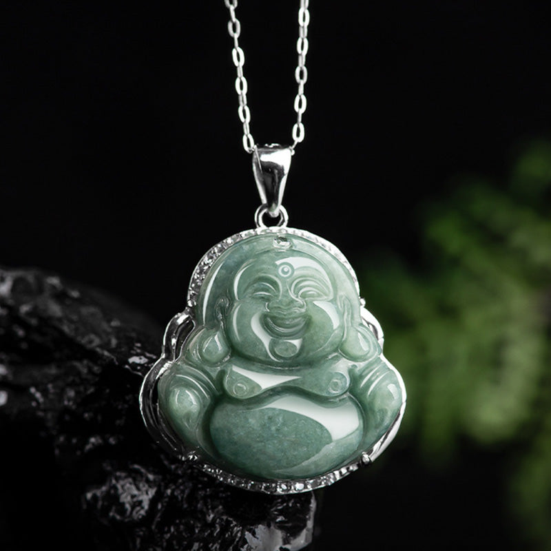 KarmaRipple's 925 Sterling Silver Laughing Buddha Jade Abundance Pendant Chain Necklace p8