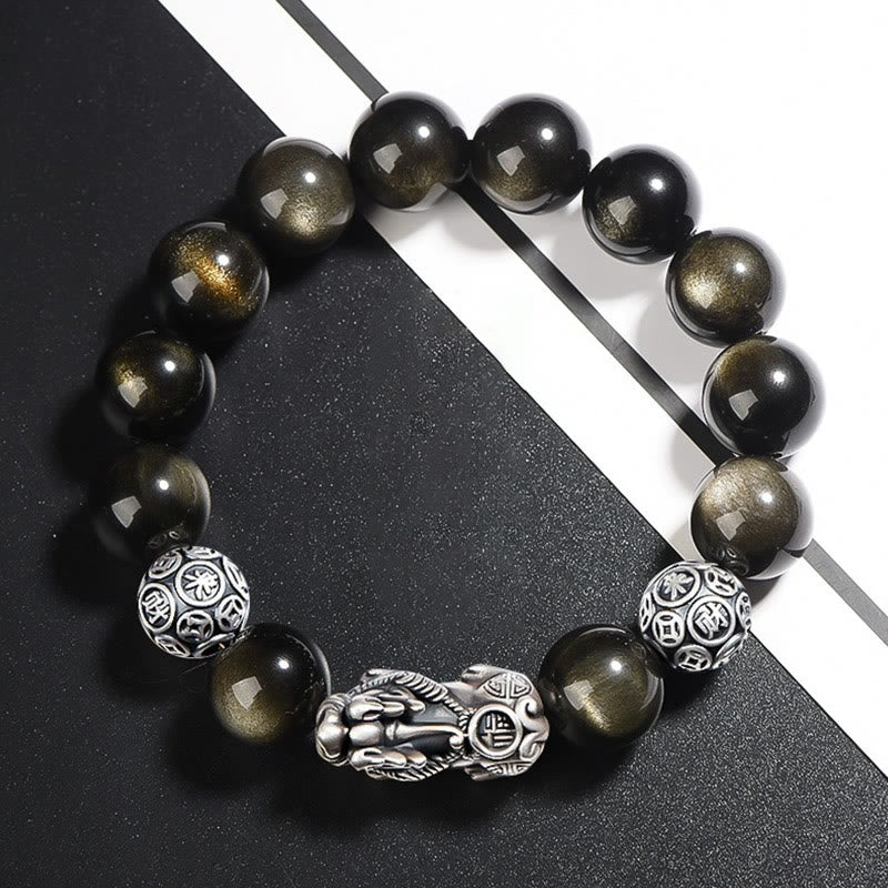 KarmaRipple's 925 Sterling Silver Authentic Gold Sheen Obsidian PiXiu Wealth Protection Bracelet p6