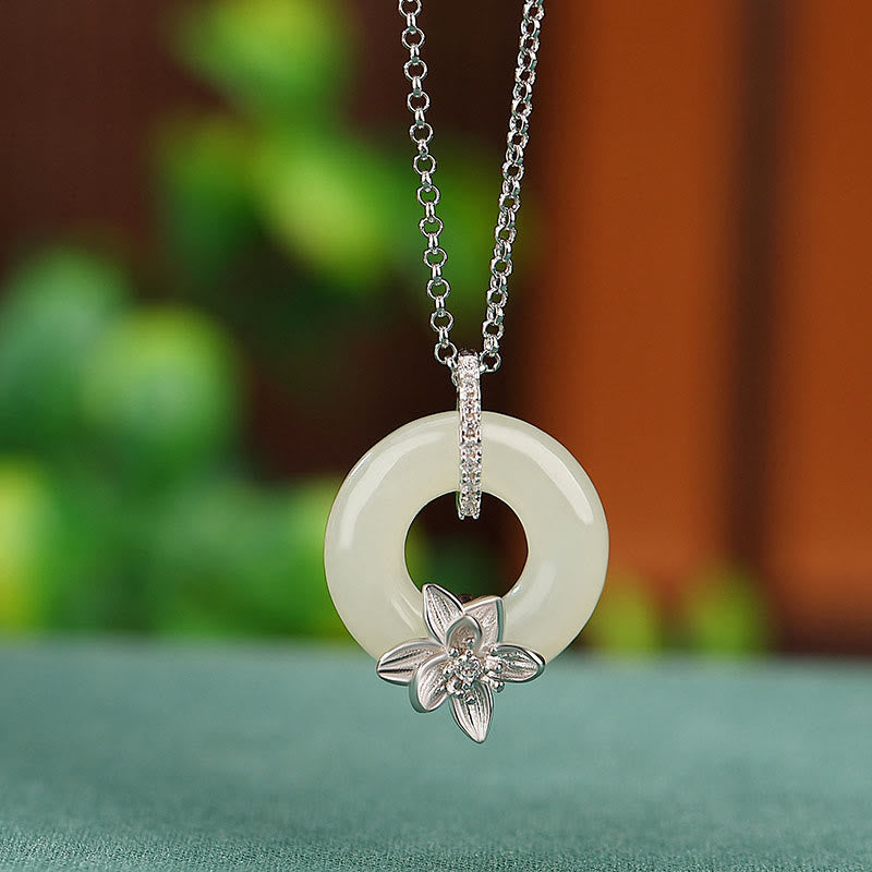 KarmaRipple's 925 Sterling Silver Hetian Jade Peace Buckle Flower Fortune Pendant Necklace p6