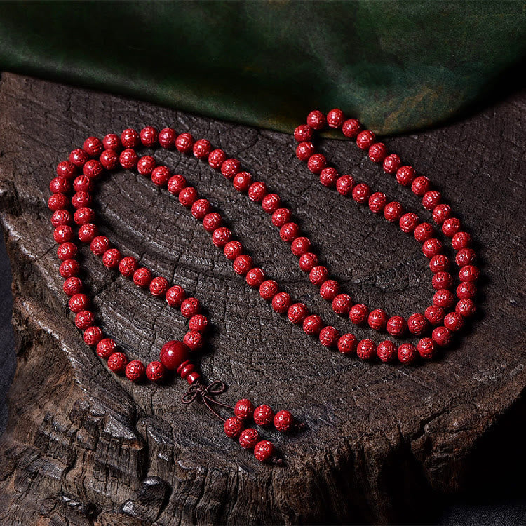 KarmaRipple's 108 Mala Beadwork Cinnabar Om Mani Padme Hum Pattern Engraved Blessing Bracelet p2