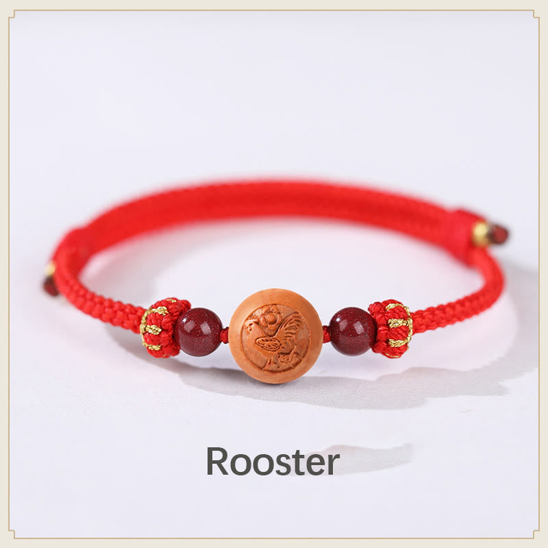 KarmaRipple's Authentic Peach Wood Chinese Zodiac Fu Character Carved Cinnabar Wealth Bracelet p40