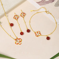 KarmaRipple's 925 Sterling Silber Vierblättriges Kleeblatt Koi Fisch Rote Achat Perle Reichtum Armband Anhänger Halskette Ohrringe Set