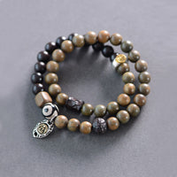 KarmaRipples tibetisches grünes Sandelholz-Ebenholz-Dreiäugiges Dzi-Perlen-Fu-Charakter-Balance-Peace-Doppelwickelarmband