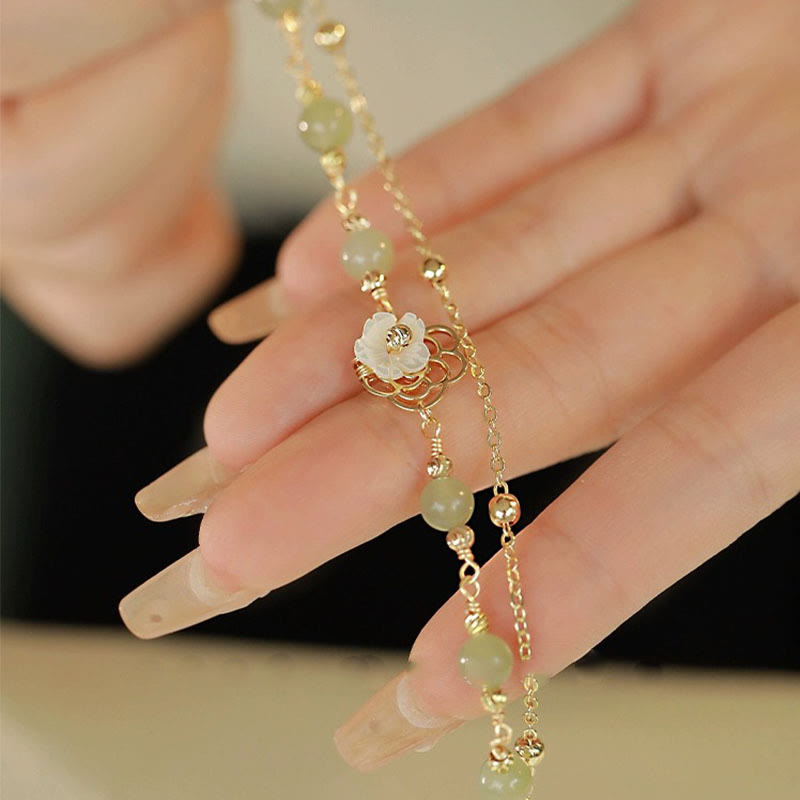 KarmaRipple's 14K Gold Plated Jade Butterfly Tridacna Stone Flower Double Layer Fortune Bracelet p13