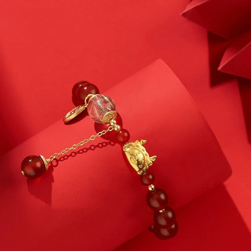 KarmaRipple's Year of the Dragon Dumpling Authentic Red Agate Garnet Hetian Jade Fu Character Fortune Success Bracelet p7