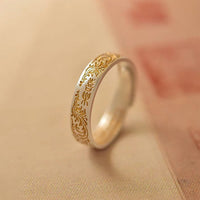 KarmaRipple's KarmaRipple 999 Sterling Silber Gold-bemalter fröhlicher Blumenmuster friedlicher Herz-Sutra-Ring