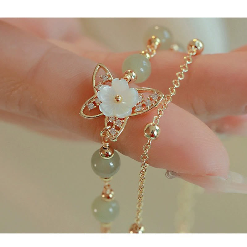 KarmaRipple's 14K Gold Plated Jade Butterfly Tridacna Stone Flower Double Layer Fortune Bracelet p11