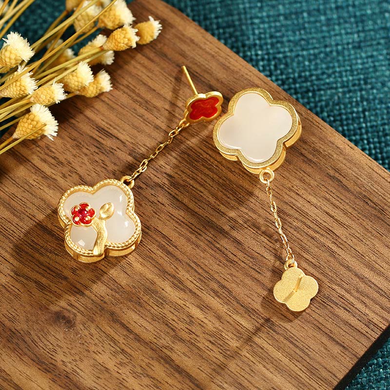 KarmaRipple's 24K Gold Plated Ivory Jade Four Leaf Clover Plum Blossom Fortune Pendant Necklace Earrings p10
