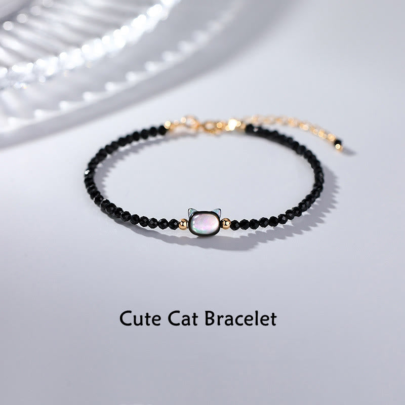KarmaRipple's 14K Gold Plated Black Spinel Ivory Gemstone Cute Cat Tridacna Stone Balancing Bracelet p19