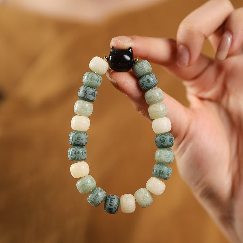 KarmaRipple's Bodhi Seed Silver Sheen Obsidian Cat Head Om Mani Padme Hum Engraved Balance Bracelet p19