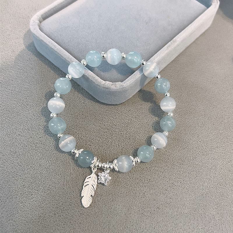 KarmaRipple's 925 Sterling Silver Aquamarine Cat's Eye Balancing Feather Star Talisman Bracelet p3