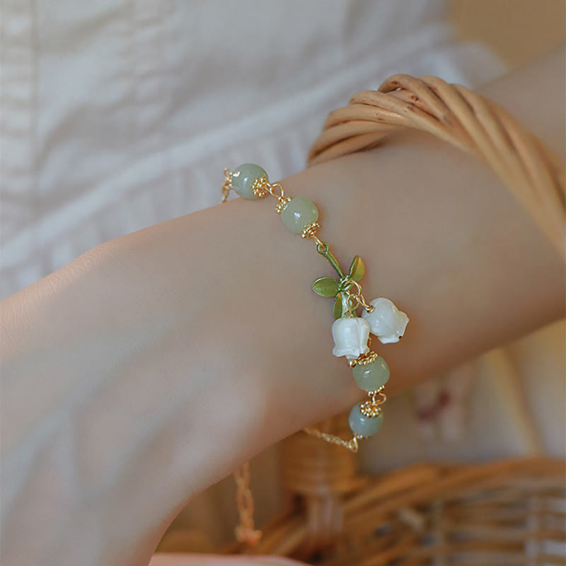 KarmaRipple's Green Jade Bead Lily of the Valley Prosperity Chain Bracelet p5