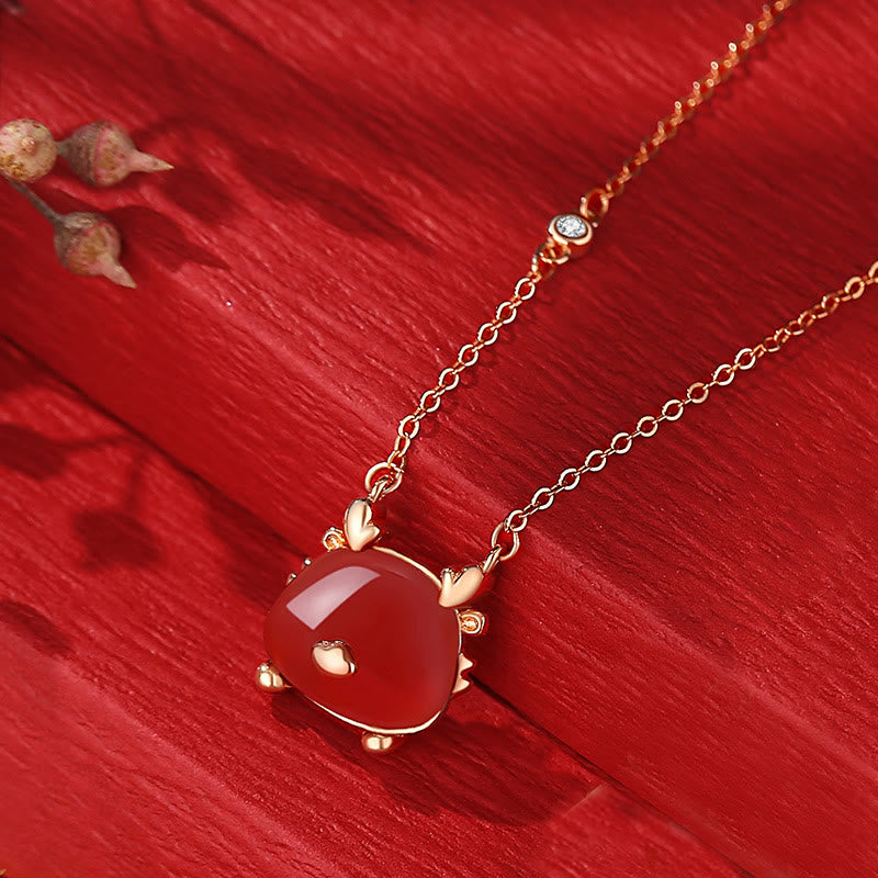 KarmaRipple's 925 Sterling Silver Year of the Dragon Authentic Hetian Jade Red Agate Cute Dragon Protection Success Bracelet Pendant Necklace Earrings ( p23