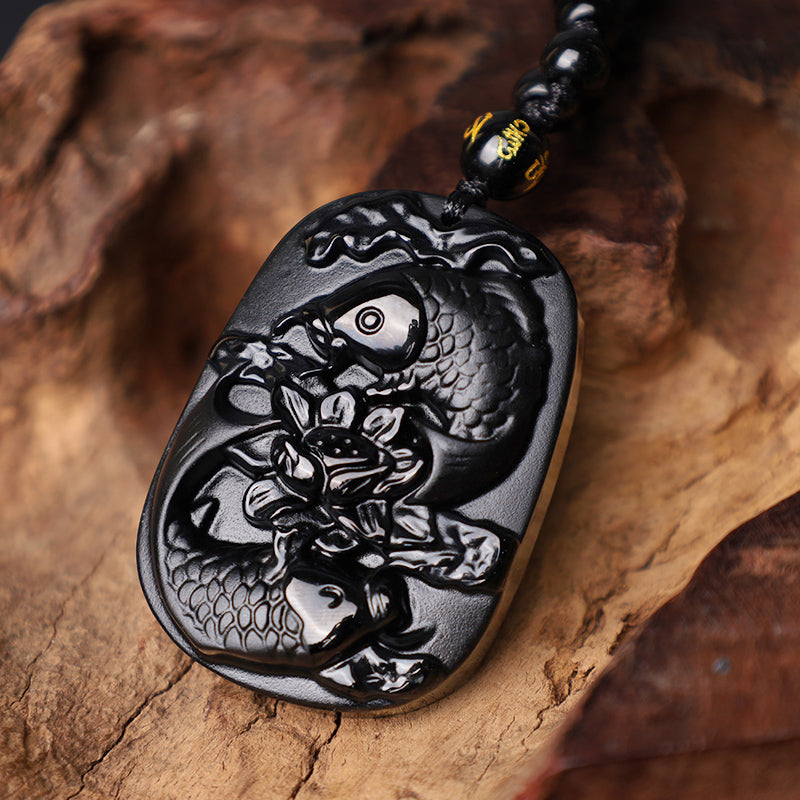 KarmaRipple's Authentic Black Obsidian Koi Fish Lotus Strength Beaded Pendant Necklace p6