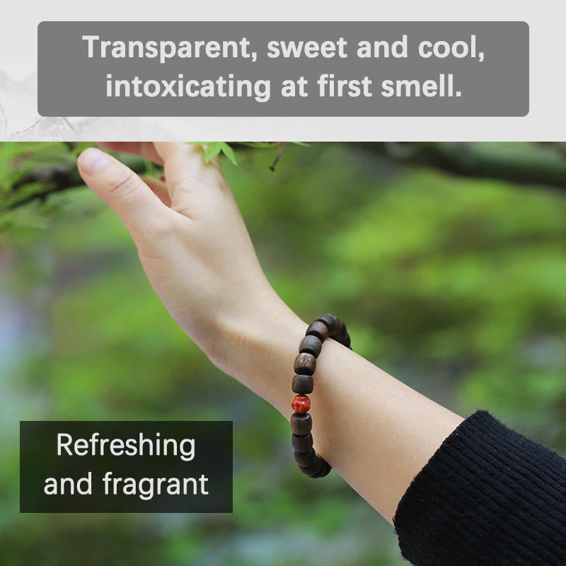 KarmaRipple's Nha Trang Rare Bai Qinan Agarwood Cyan Jade Red Agate Laughing Buddha Tibetan Bone Strength Meditation Bracelet p23