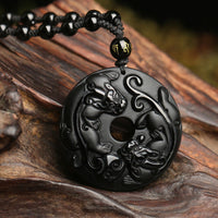 KarmaRipples authentische Halskette mit Anhänger aus schwarzem Obsidian mit Peace-Schnalle und Pixiu-Perlenseil