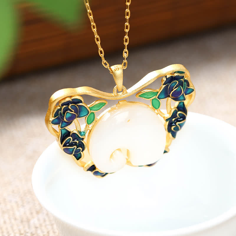 KarmaRipple's Ivory Jade Elephant Butterfly Lotus Success Pendant Chain Necklace p3