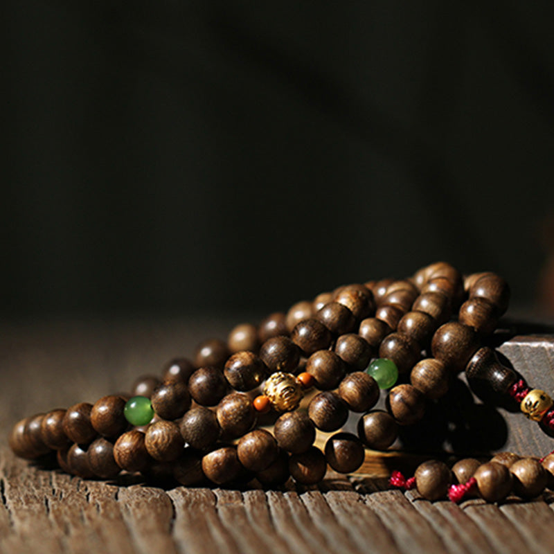 KarmaRipple's 999 Gold 108 Mala Beadwork Kalimantan Agarwood Cyan Jade Six True Words Strength Bracelet p10