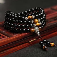KarmaRipples Segens-Mala-Armband aus schwarzem Obsidian und Tigerauge
