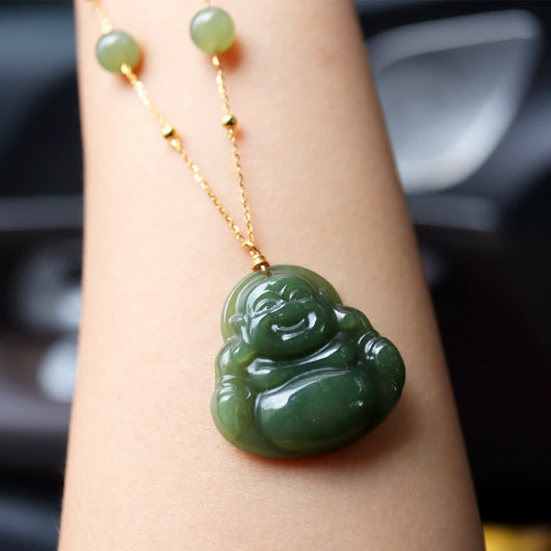 KarmaRipple's Laughing Buddha Hetian Jade Fortune Pendant Bead Chain Necklace p7
