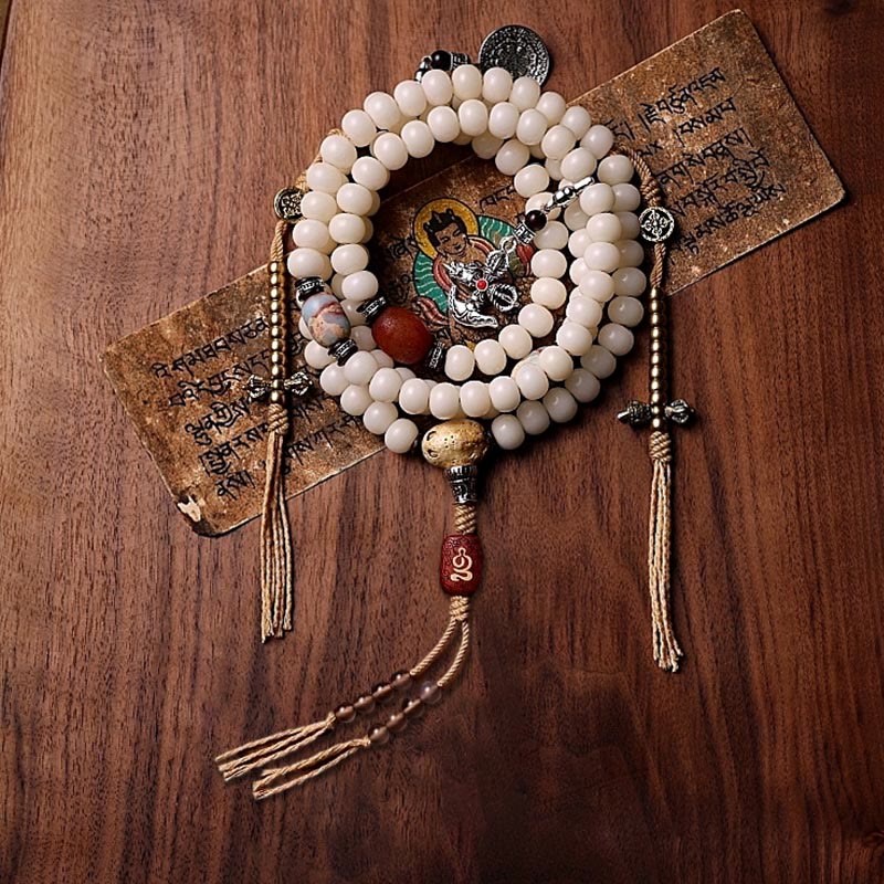 KarmaRipple's Tibet 108 Mala Beadwork Bodhi Seed Bagua Vajra Dzi Bead Gray Agate Wealth Bracelet p32