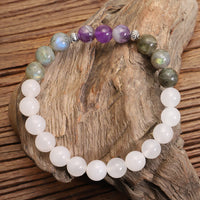 KarmaRipples 108 Mala-Perlenarmband mit Elfenbein-Achat, Amethyst und schwarzem Glitzerstein