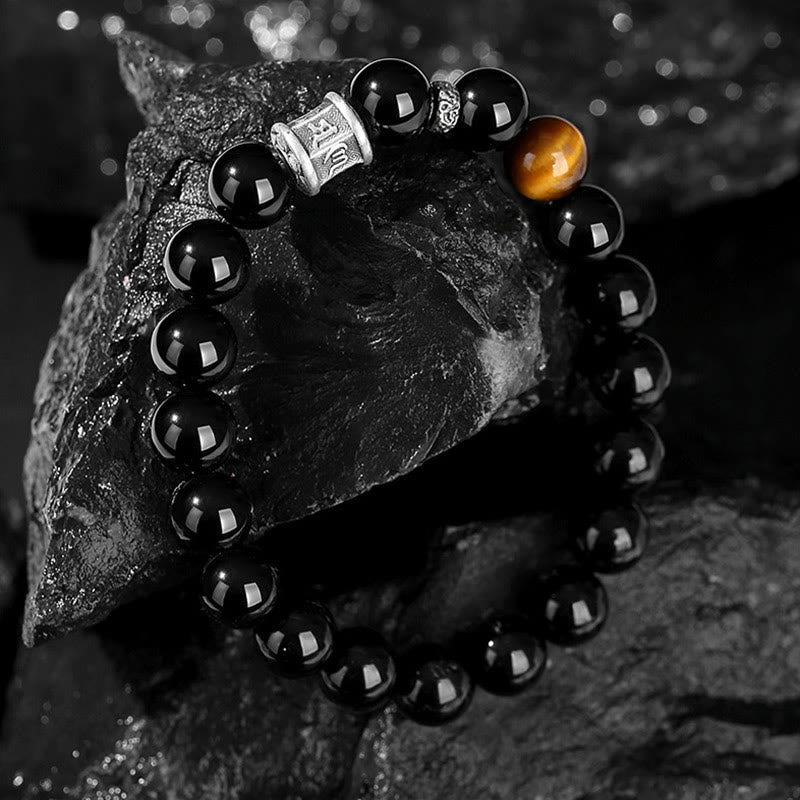 KarmaRipple's 999 Sterling Silver Black Obsidian Tiger Eye Om Mani Padme Hum Fulfillment Bracelet p4