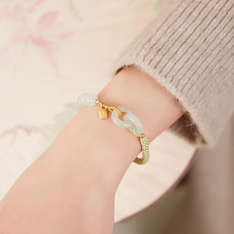 KarmaRipple's Authentic Hetian Jade Bead Double Peace Buckle Fu Character Abundance Woven Bracelet p3