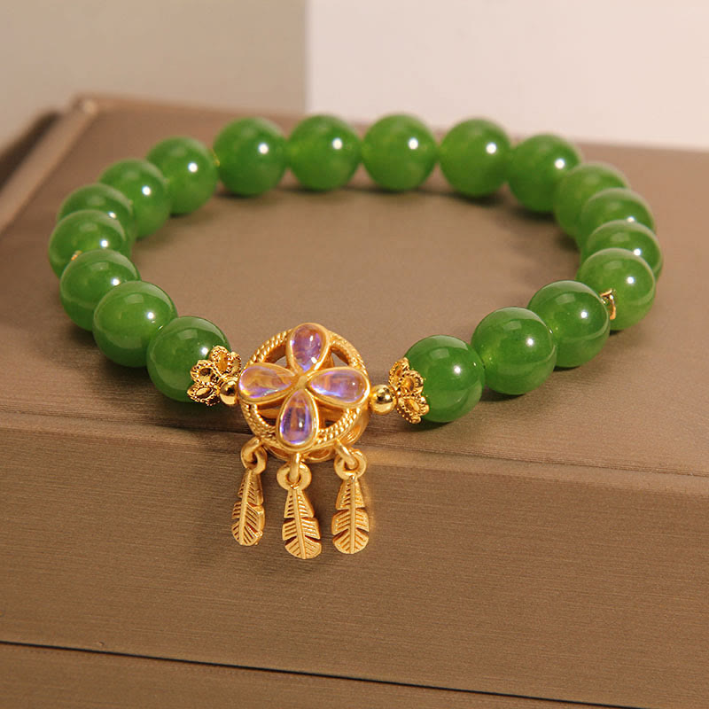 KarmaRipple's Green Jade Dreamcatcher Four Leaf Clover Fortune Bracelet p2