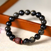 KarmaRipples authentisches, goldglänzendes Obsidian-Regenbogen-Obsidian-Om-Mani-Padme-Hum-Fu-Charakter-Ausgleichsarmband