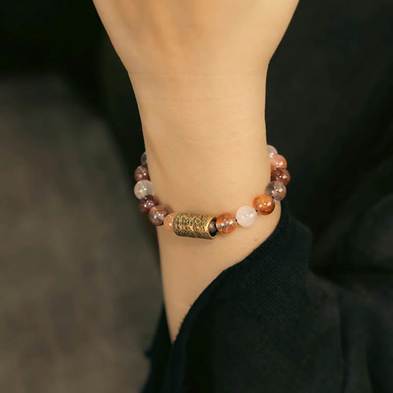 KarmaRipple's Ivory Gemstone Red Hematoid Quartz Gold Rutilated Quartz Purple Phantom Protection Bracelet p20